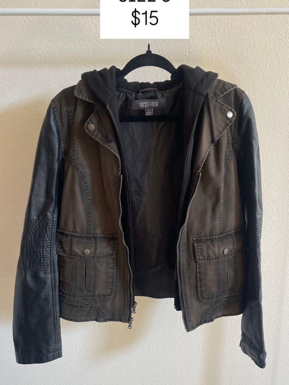 Kenneth Cole Reaction Black Hooded Faux-Leather Moto Jacket